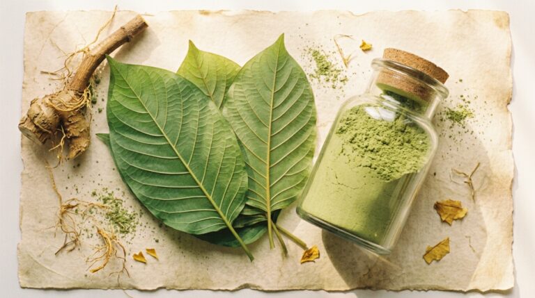 A jar of mid-green Green Maeng Da powder beside green kratom leaves on cream parchment.