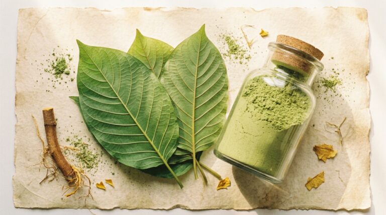A jar of green Green Malay kratom powder beside broad green kratom leaves on cream parchment.