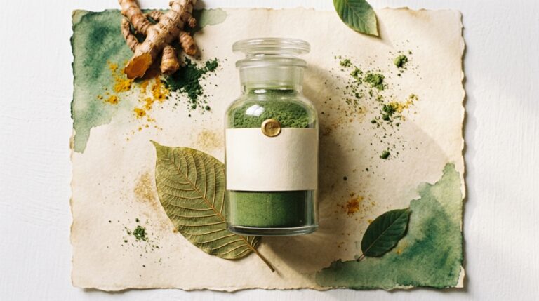A plain kratom jar with a blank cream label beside a dried leaf on parchment.