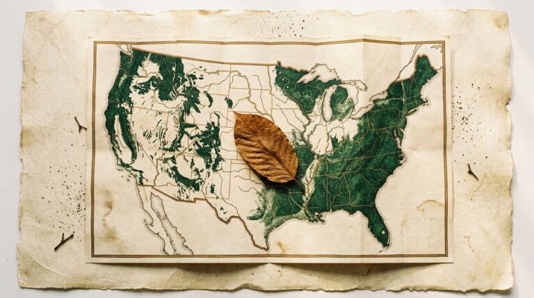 A dried kratom leaf resting on a folded parchment map of the United States.