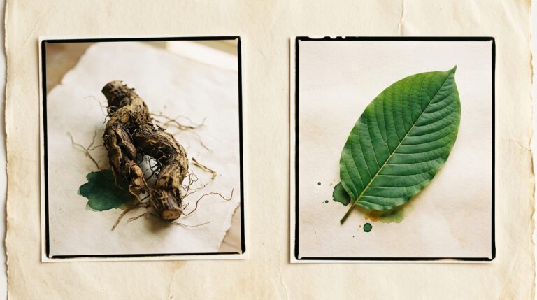A kava root and a kratom leaf shown side by side on cream parchment, illustrating two different botanicals.
