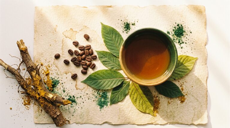 A cup of brewed kratom tea beside coffee beans and green kratom leaves on cream parchment.