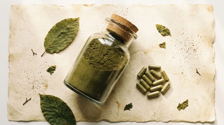 A jar of kratom powder beside a small pile of filled kratom capsules on cream parchment.