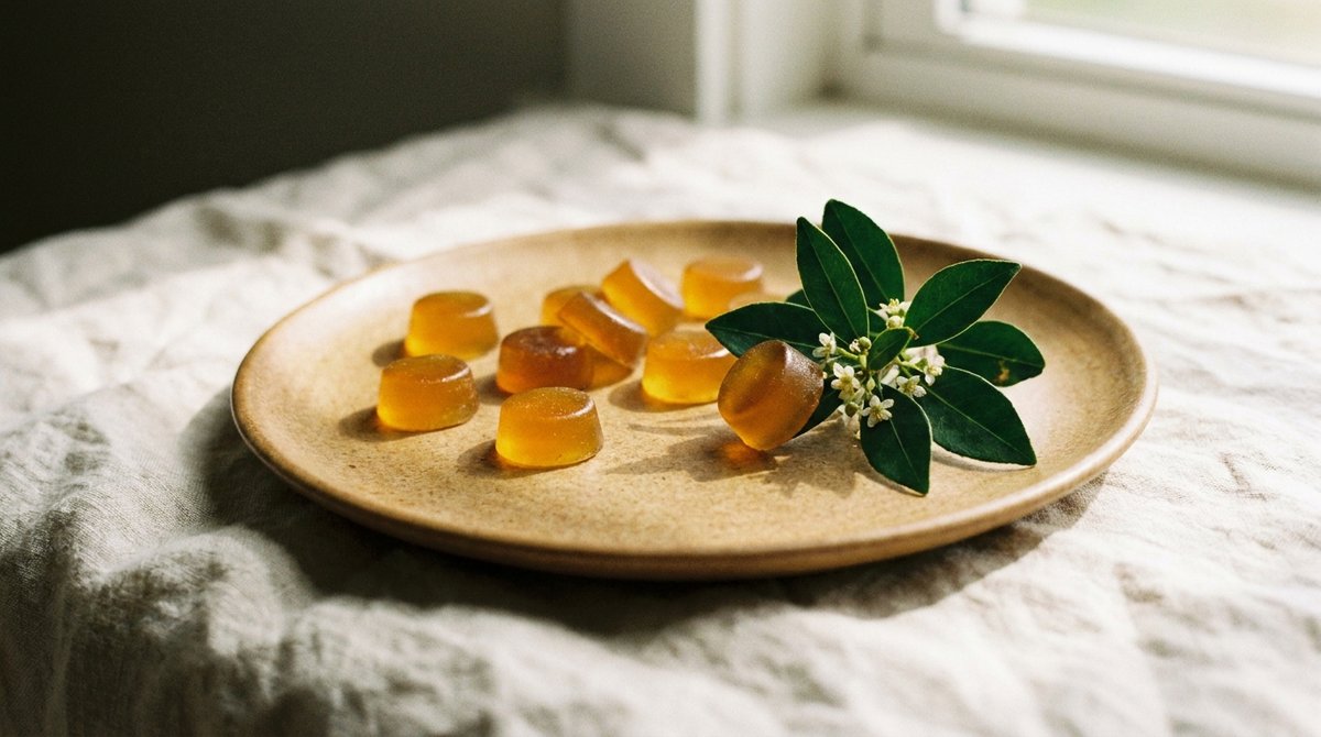 Amber kratom gummies on a ceramic plate