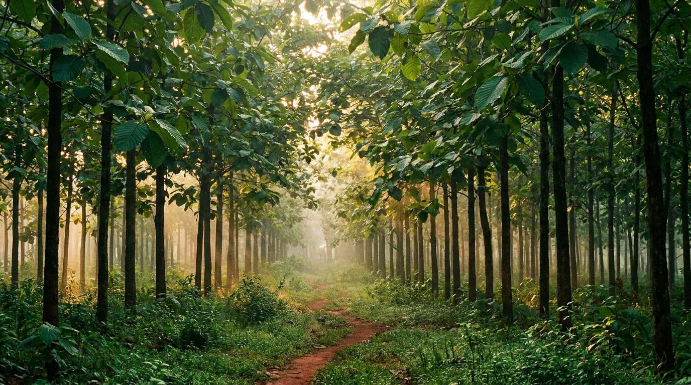 Misty kratom tree grove in Southeast Asia