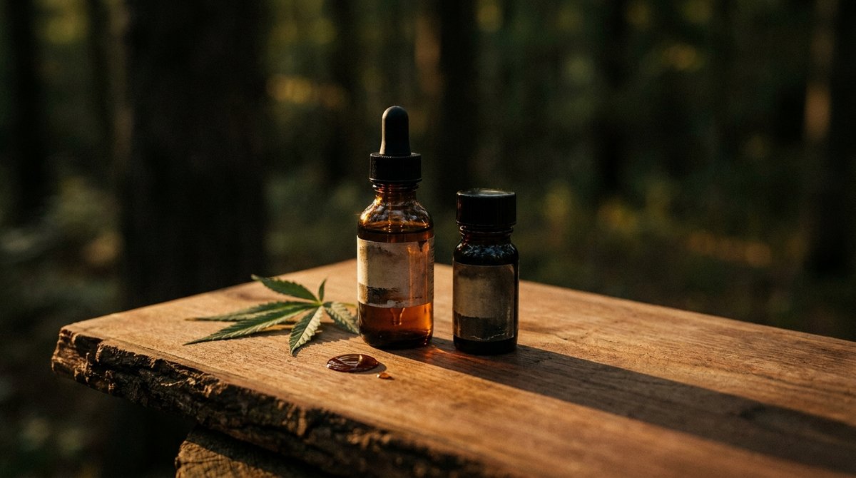 Kratom extract tincture and shot bottles on wood