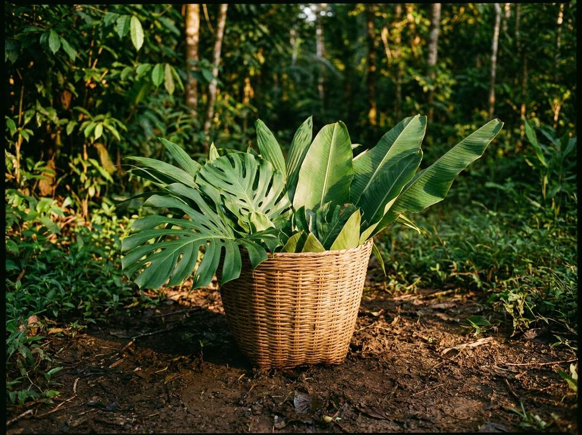 Woven basket of freshly harvested kratom leaves