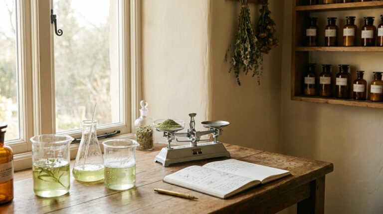 Botanical testing bench with beakers and kratom leaf powder