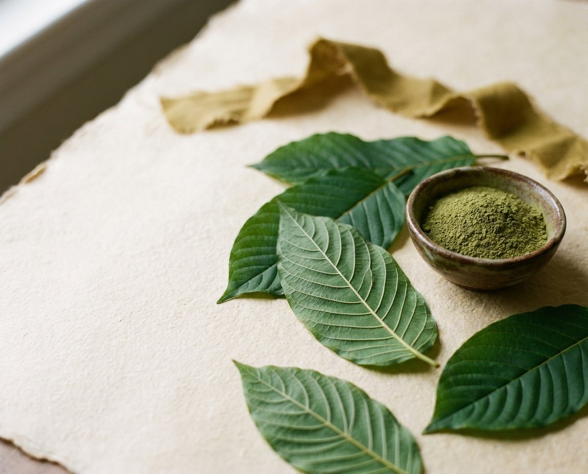Fresh kratom leaves beside a bowl of green leaf powder