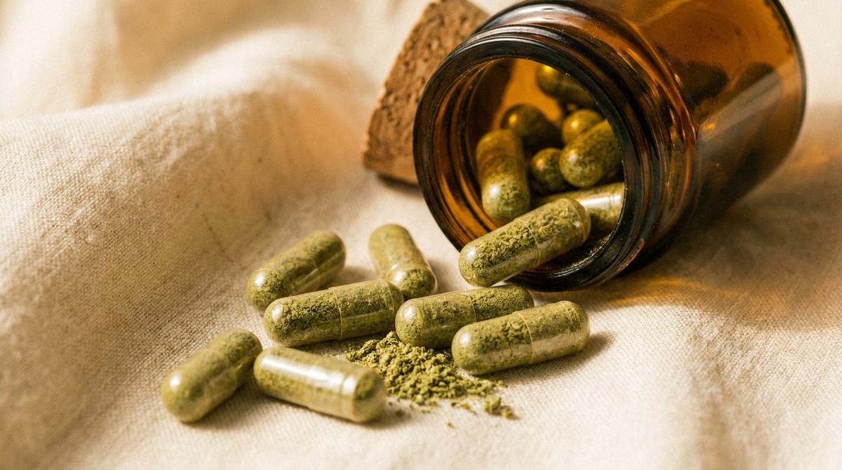 Kratom capsules spilling from an amber glass jar