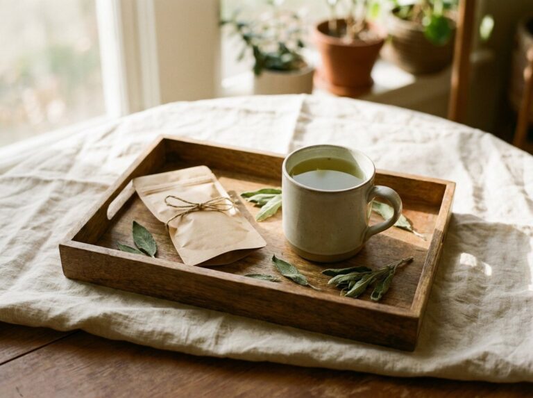 Tray with botanical tea, kraft pouch, and dried kratom leaves