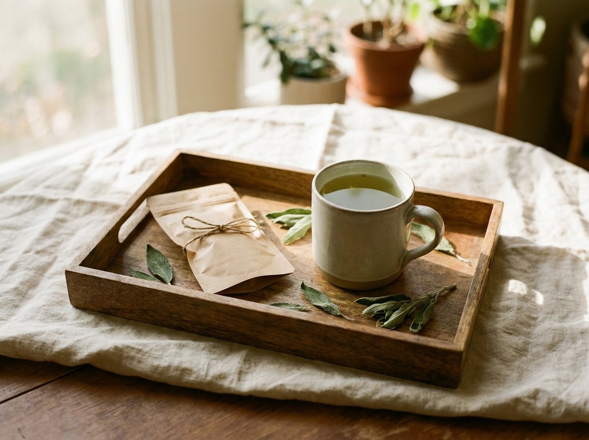 Tray with botanical tea, kraft pouch, and dried kratom leaves