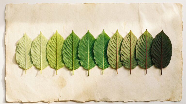 A gradient row of kratom leaves from pale to red showing the range of vein colors.