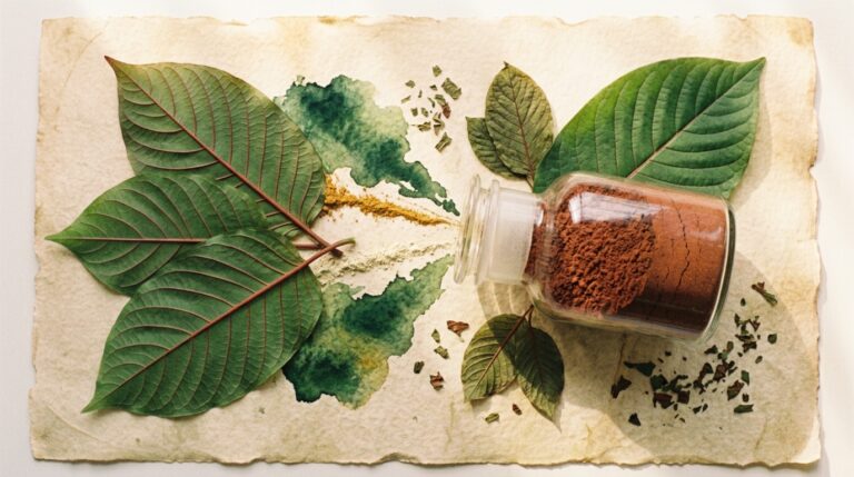 A jar of deep red Red Borneo powder beside broad red-veined kratom leaves on cream parchment.
