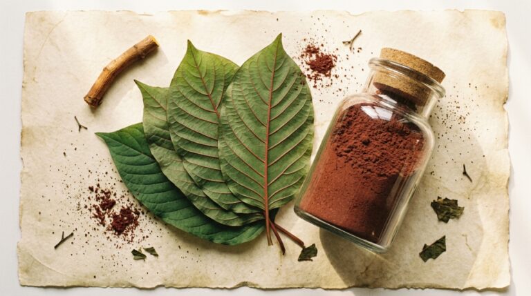 Red-veined kratom leaves beside a jar of deep red Red Maeng Da powder on cream parchment.