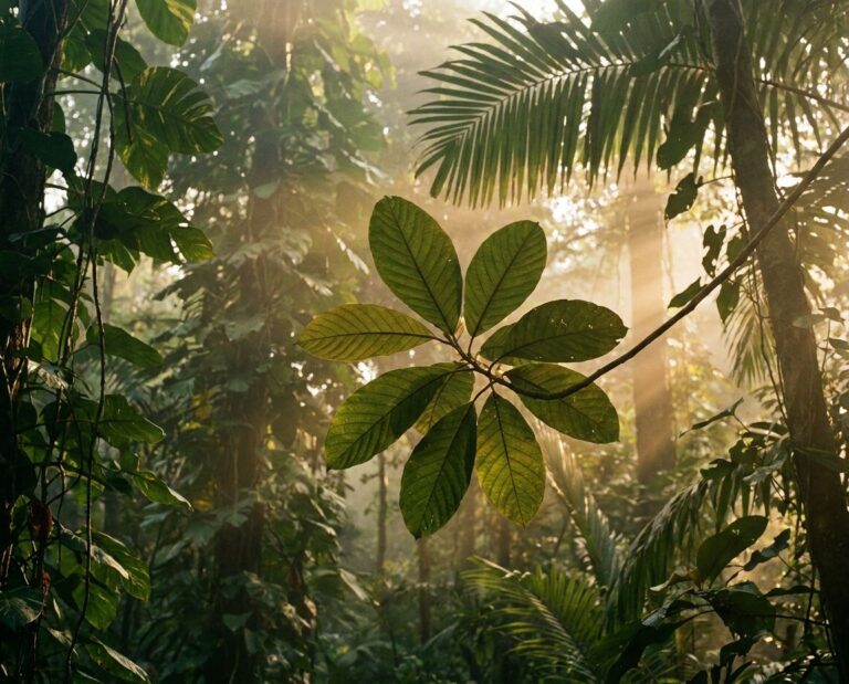 Sunlight through a Southeast Asian rainforest canopy