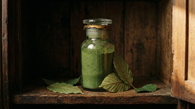 A sealed glass jar of kratom powder stored in a dim wooden cupboard with a few dried leaves.