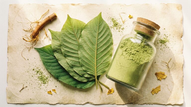 A jar of pale, bright-green White Maeng Da powder beside light-veined kratom leaves on parchment.