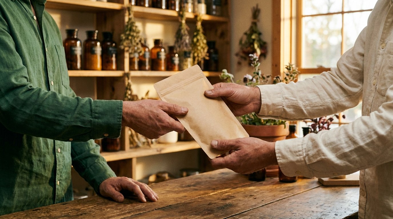 Hands passing a kraft pouch across a wooden workbench