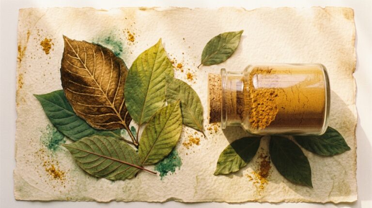 A jar of warm amber-yellow Yellow Vietnam kratom powder with a few dried leaves on cream parchment.